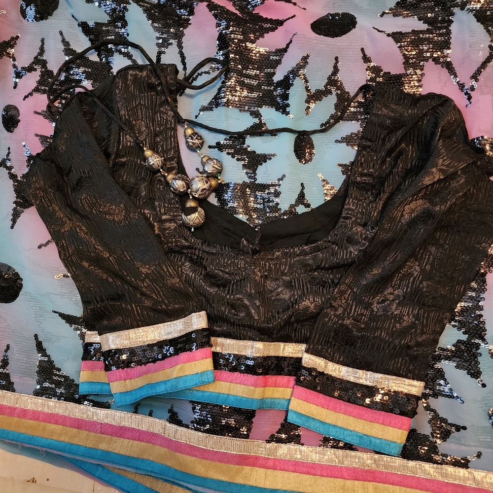 Black Mauve & Turquoise Saree with Floral Sequin - Blouse Size Small
